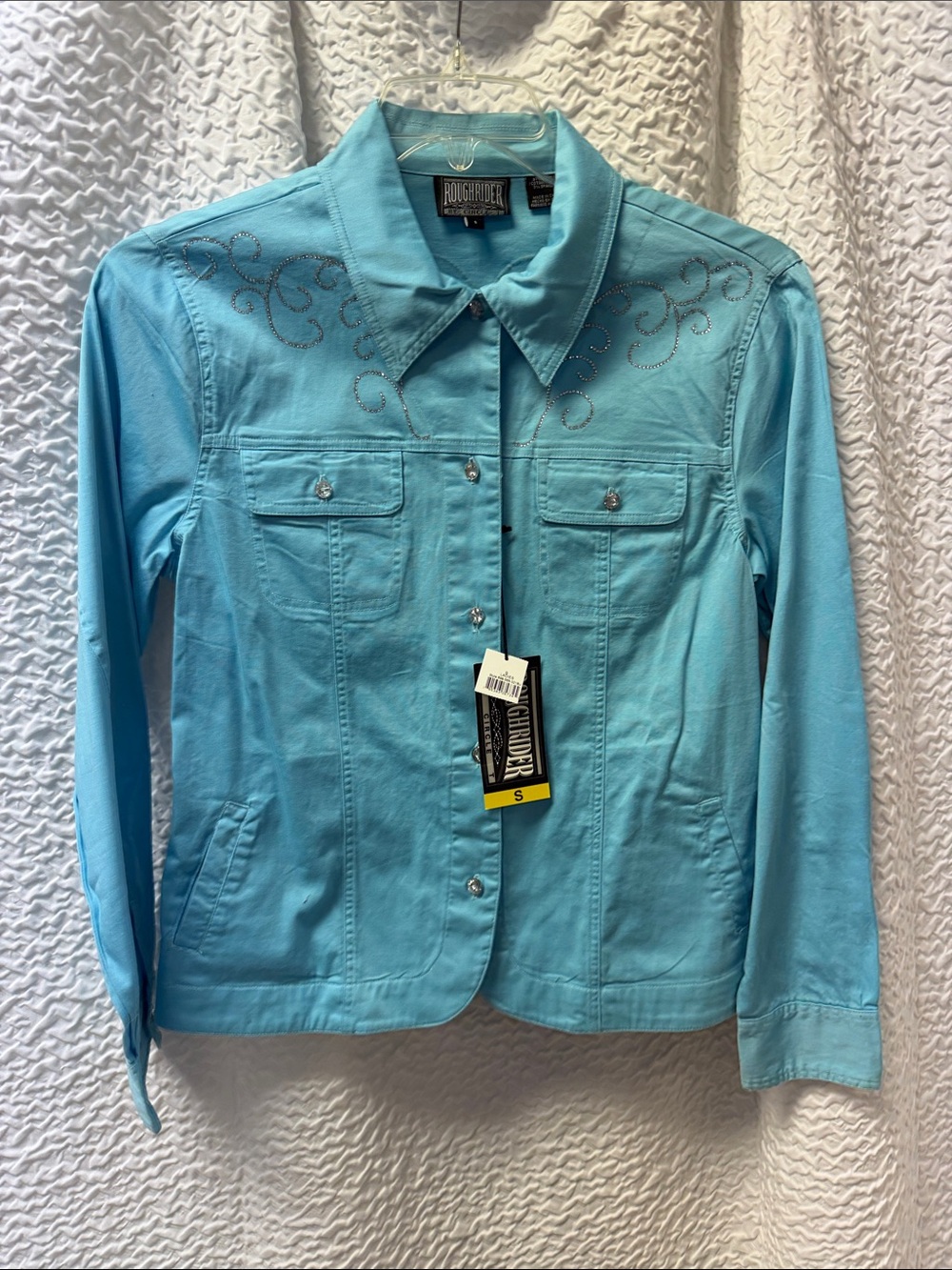 VTG Roughrider Turquoise Rhinestone Western Denim Jacket NWT S